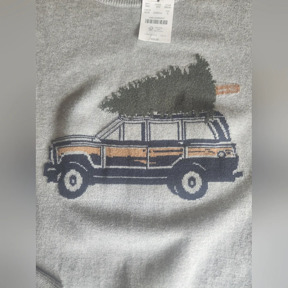 NWT J.Crew Men's Grey Cotton Sweater With Truck And Tree‎ Sz Sm